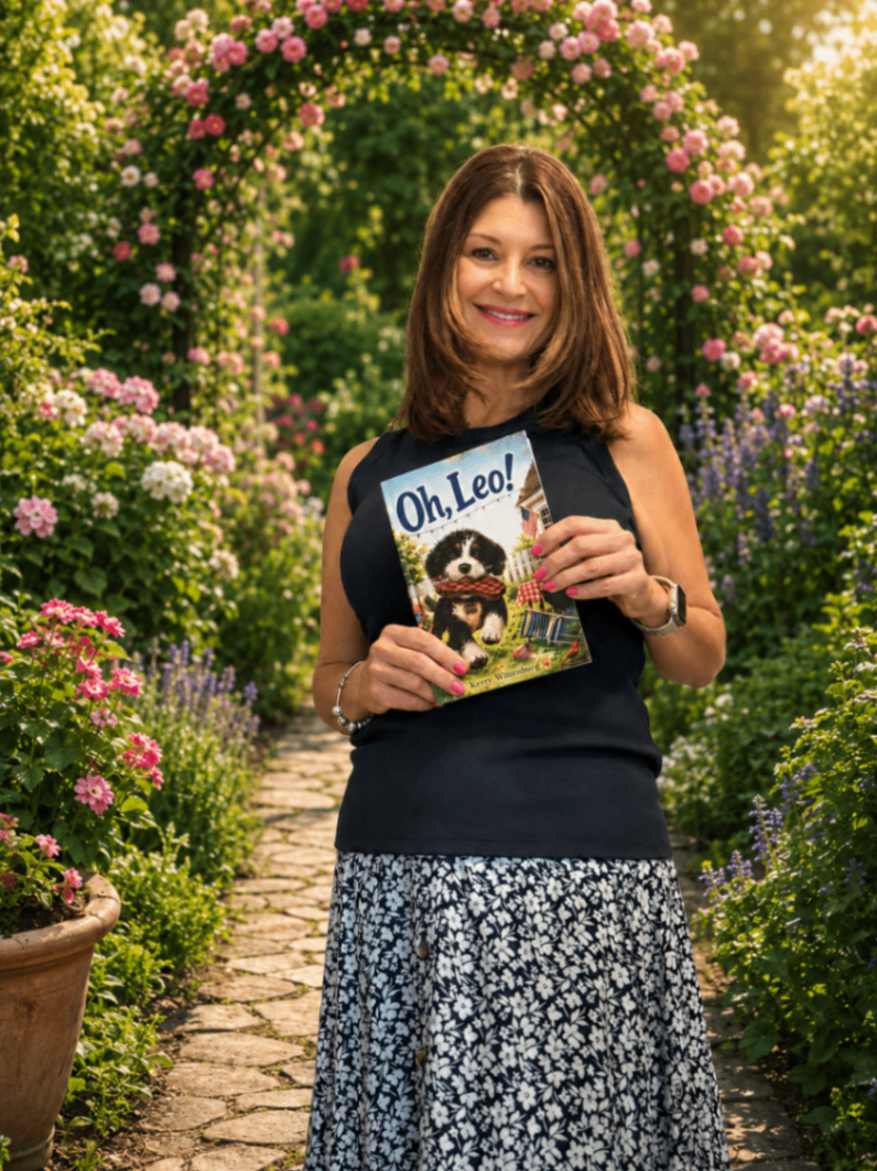 Kerry Wittenburg holding Oh, Leo! in a beautiful garden